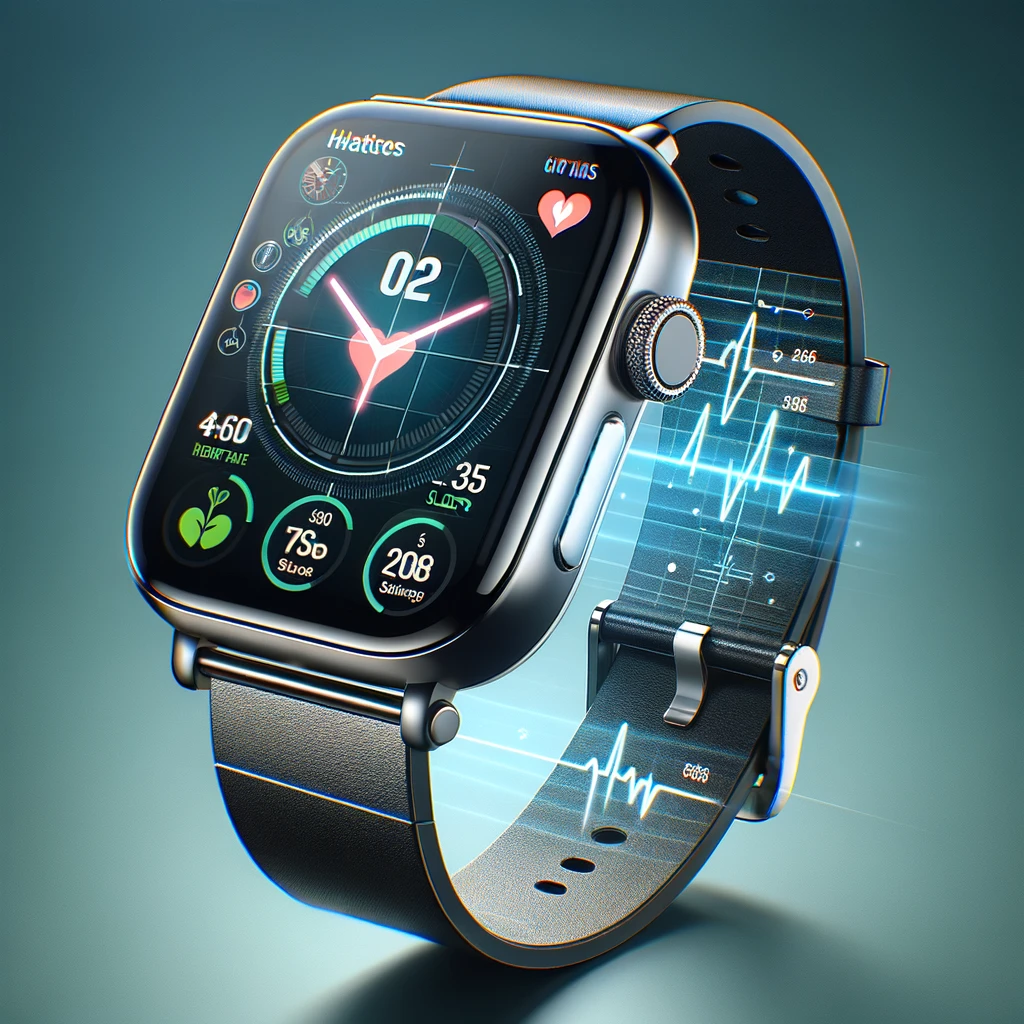อุปกรณ์ไอที It Equipment ที่จะเปลี่ยนแปลงวิถีชีวิตคุณในปี 2024 2 DALL·E 2024 05 13 07.27.47 A modern smartwatch with advanced health monitoring features on a wrist. The watch should display various health metrics like heart rate blood