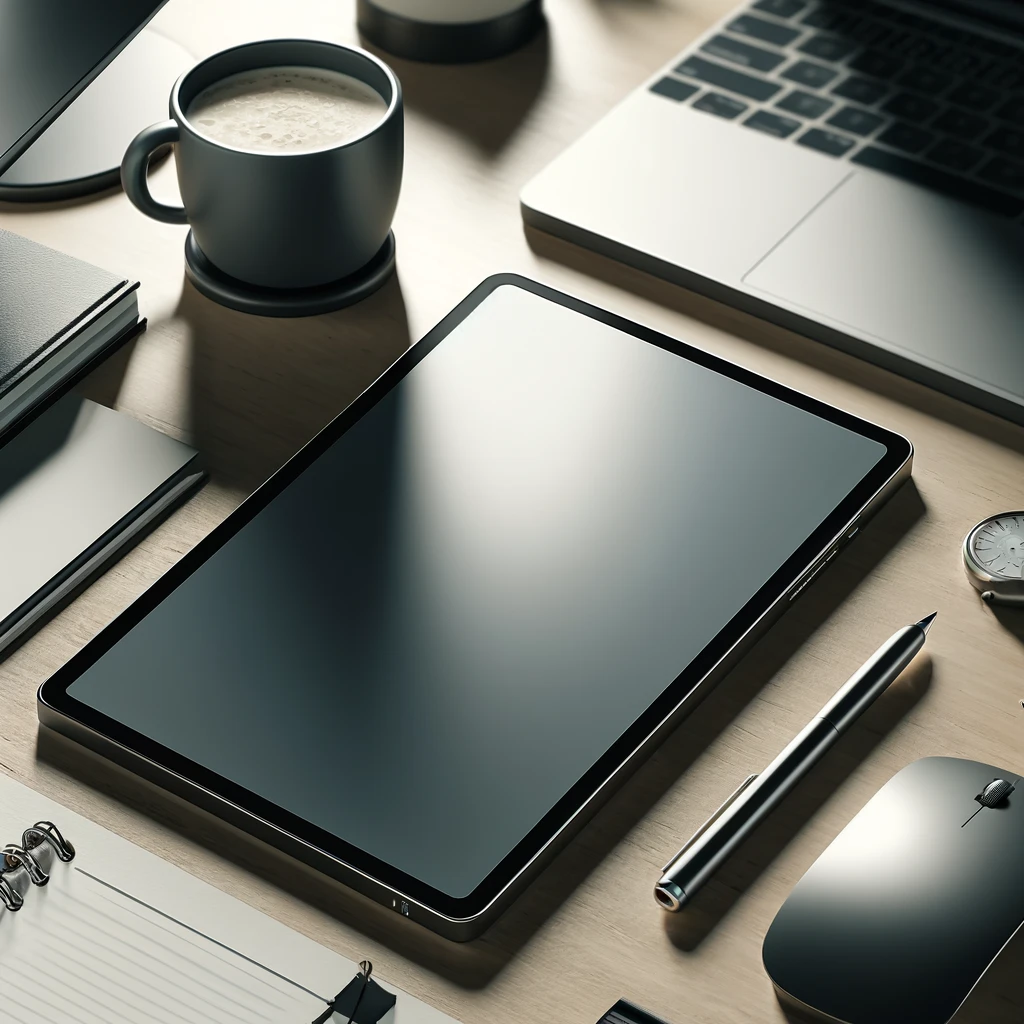 อุปกรณ์ไอที It Equipment ที่จะเปลี่ยนแปลงวิถีชีวิตคุณในปี 2024 4 DALL·E 2024 05 13 07.33.48 A modern tablet placed on a work desk. The tablet should have a slim elegant design with a large screen. The desk should feature office accessories l