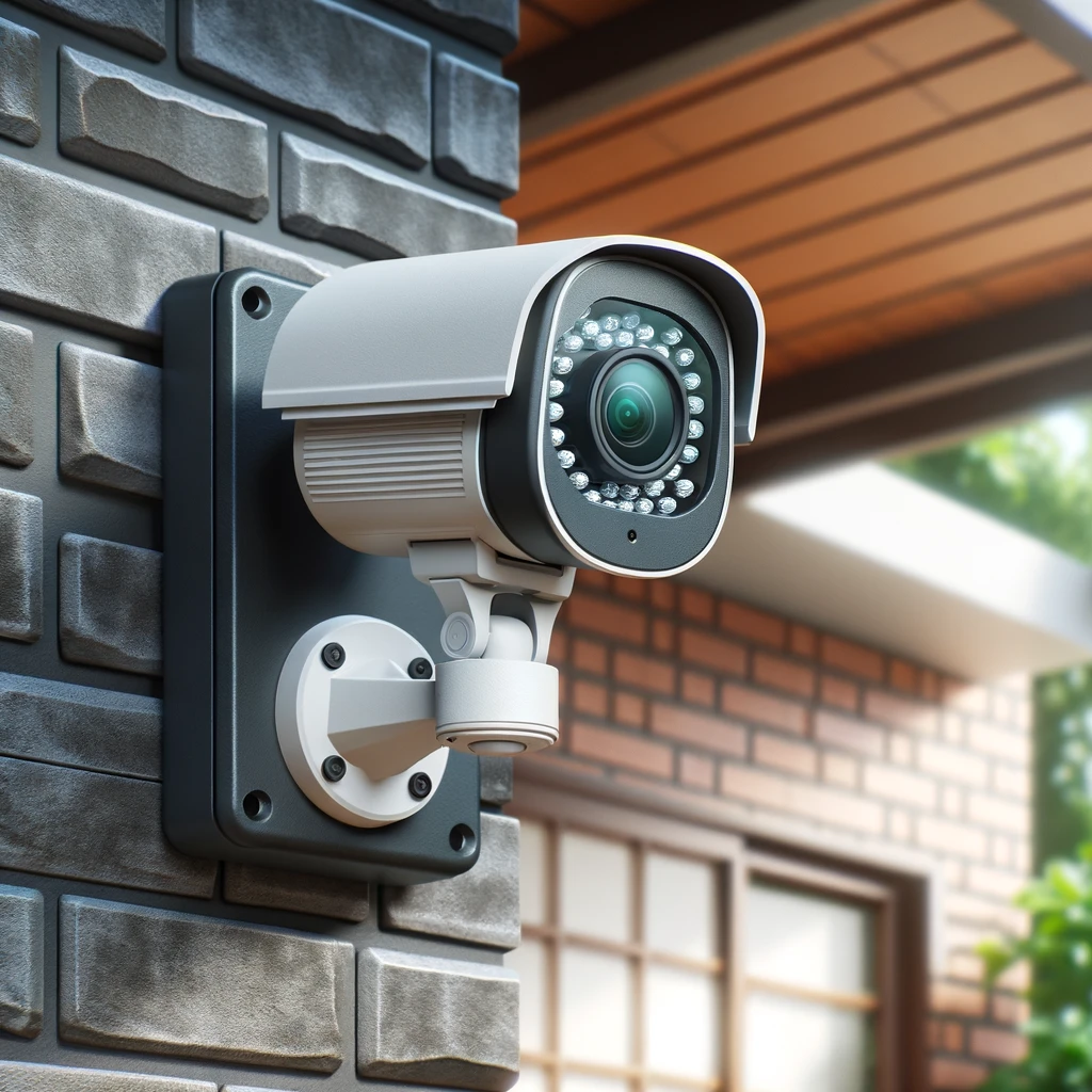 อุปกรณ์ไอที It Equipment ที่จะเปลี่ยนแปลงวิถีชีวิตคุณในปี 2024 5 DALL·E 2024 05 13 07.35.16 A modern CCTV camera installed on the exterior wall of a house. The camera should have a compact durable design with a protective casing suitable for