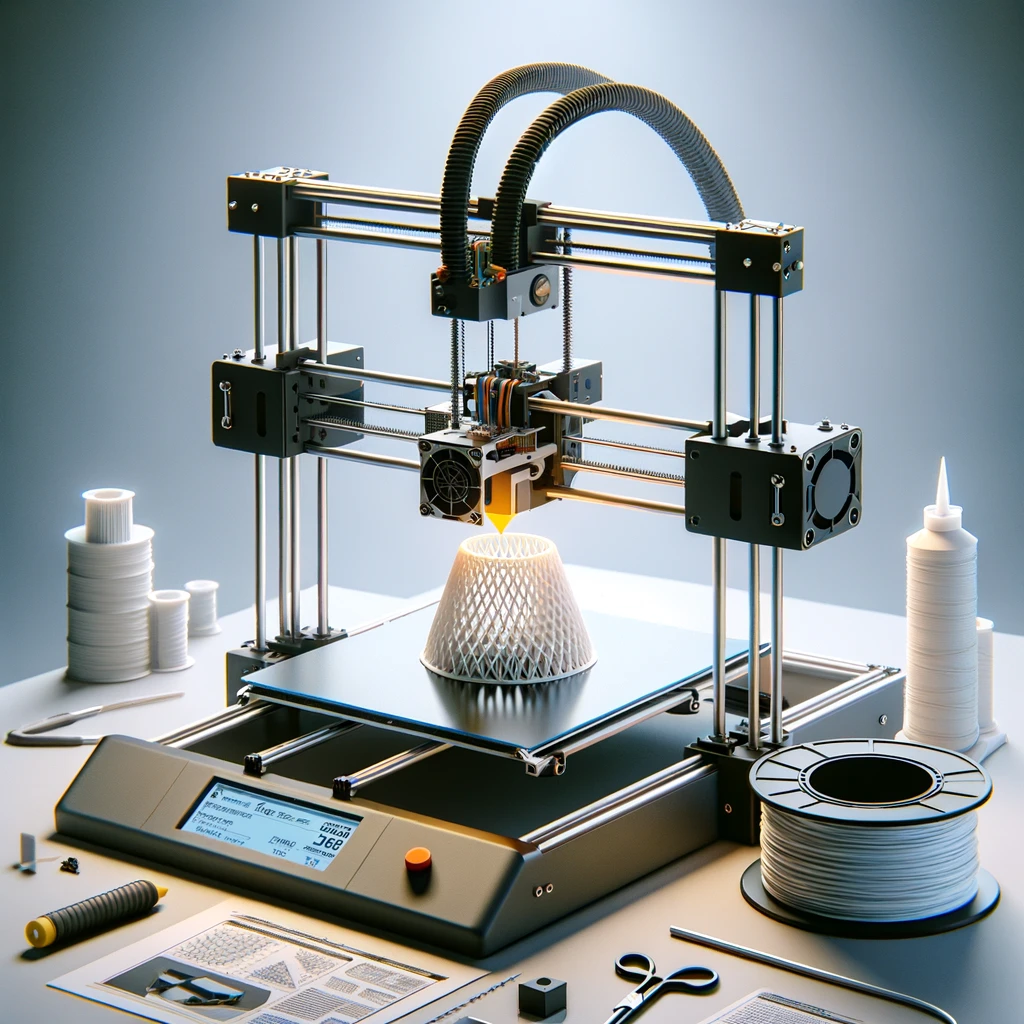 อุปกรณ์ไอที It Equipment ที่จะเปลี่ยนแปลงวิถีชีวิตคุณในปี 2024 6 DALL·E 2024 05 13 07.37.44 A 3D printer in the process of printing a plastic part. The printer should be an open design model showing the extruder head depositing filament on t