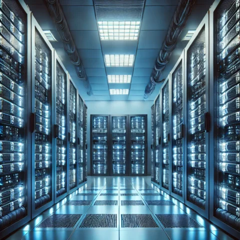 Server Rack vs Tower ต่างกันอย่างไร? 5 DALL·E 2025-02-11 10.45.31 - A data center with multiple Server Racks installed. The racks are neatly organized with blinking lights and structured cabling. The environment is cle