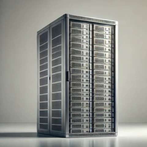 Server Rack vs Tower ต่างกันอย่างไร? 3 DALL·E 2025-02-11 10.46.43 - A standalone Server Rack, a tall, metal-framed cabinet with multiple servers inside. The design is sleek, with visible structured cabling and cooling