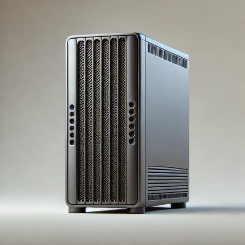 Server Rack vs Tower ต่างกันอย่างไร? 4 DALL·E 2025-02-11 10.46.48 - A standalone Server Tower, a compact, desktop-sized server resembling a large computer case. The design is modern, with visible ventilation slots and
